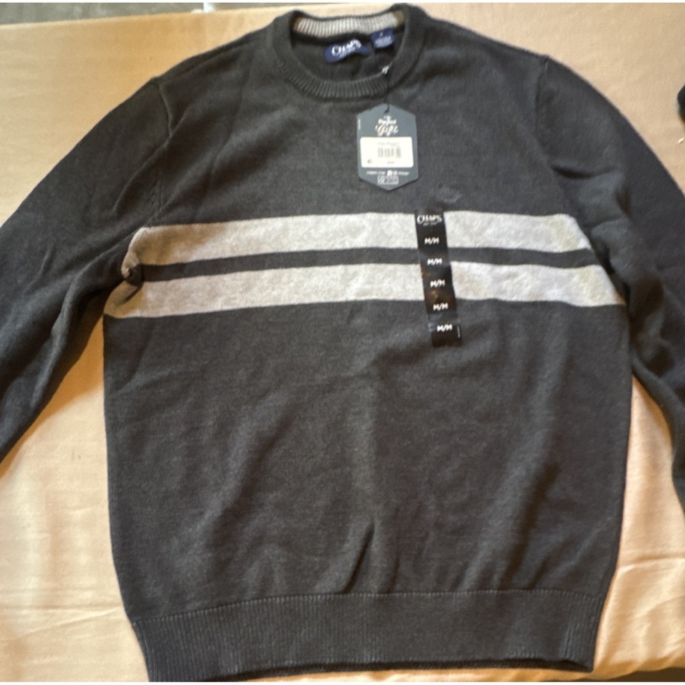 Chaps Men's M‎ Crew Neck Knit Pullover Sweater Gray Striped Long Sleeve Logo